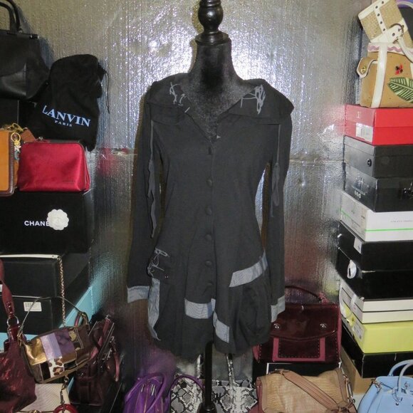 DZHavael Couture France Button Up Tunio Jacket Black & Gray Size Small - Picture 1 of 12